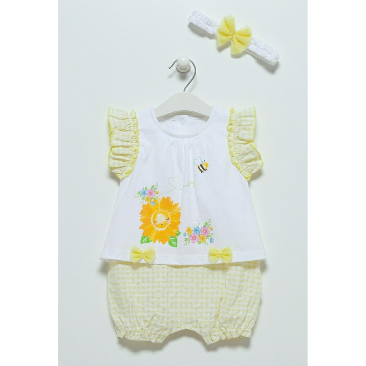 Compleu de vara bebe, Caramell, cu bentita, galben, TK7113, Galben, 62 cm