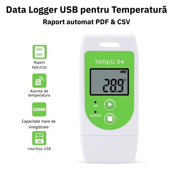 Termometru, Data Logger - Inregistrator de date de Temperatura, Certificat de Etalonare, folosire multipla si descarcare grafic prin USB in format PDF, CSV sau PDF&CSV, pentru depozitare si transport frigorific