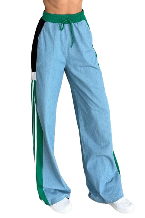Pantaloni de trening Morelos, cu denim, snur in talie si croi large, Albastru/Verde, Masura 2XS