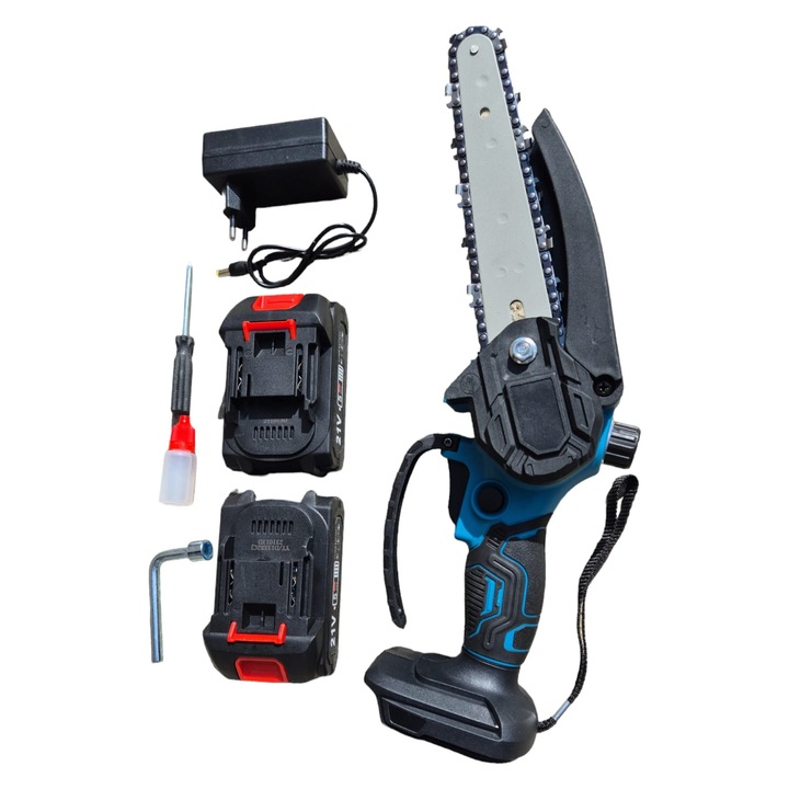 Mini elektromos fűrész 6"-os 15 cm-es hasznos penge 2db Li-ion akkumulátorral 21V 1500mAh, olajtartállyal a kenéshez