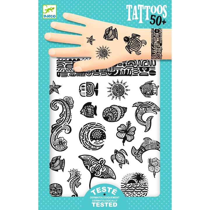 Set 50 tatuaje temporare pentru copii, Djeco, Polinezia, 5Lavabil, Negru