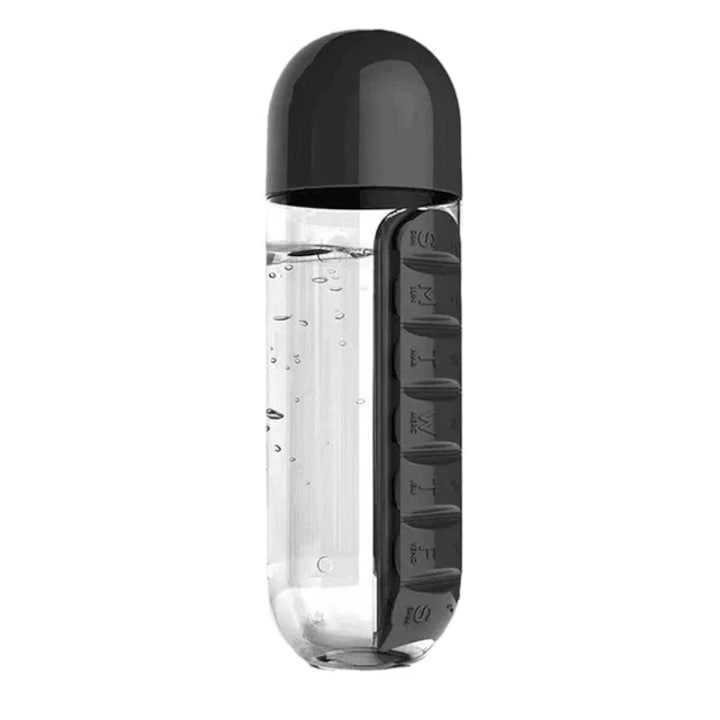 Sticla de Apa Portabila, Plastic, Organizator pentru Medicamente, Pastile si Vitamine, 600ml, Negru