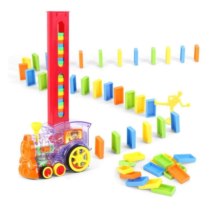 Set Trenulet Electric cu 50 de Piese Domino pentru Stivuire, cu Lumini Si Sunete Interactive, + 3 Ani, 16x7x33 Cm, UA