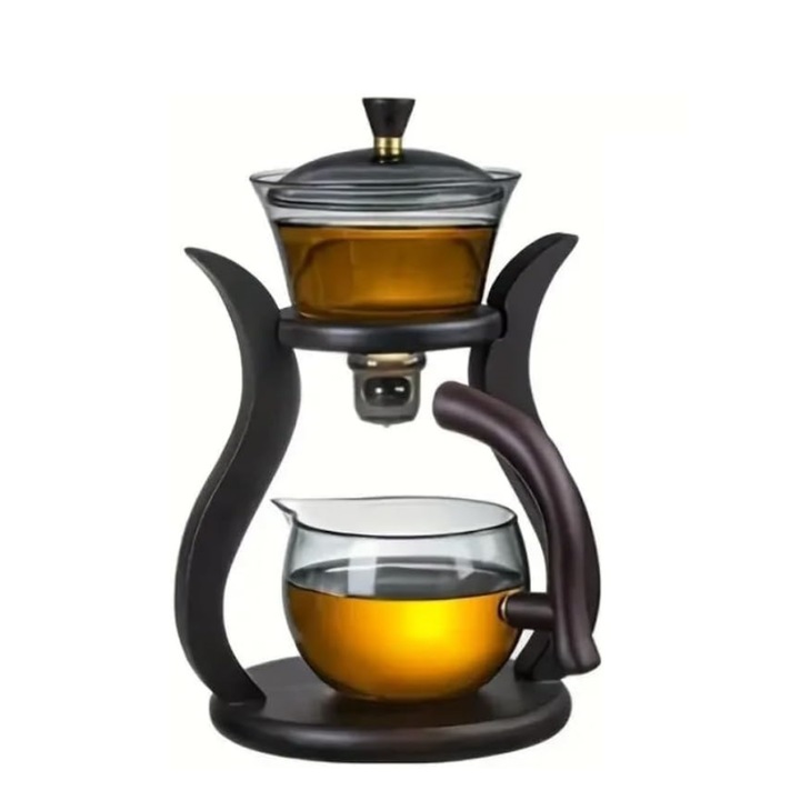 Set de ceai din sticla, RORA, ceainic cu flux de apa magnetic si capac rotativ si 6 cani de ceai, Negru