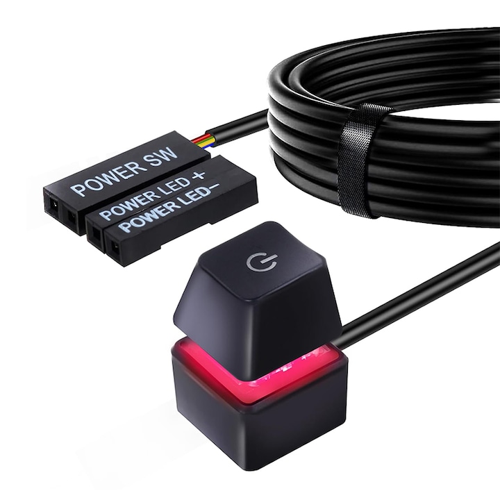 Механичен бутон ON/OFF PC LED 7 цвята, Chucai, Stop-Start Desktop, Gaming, 2M кабелен удължител, черен
