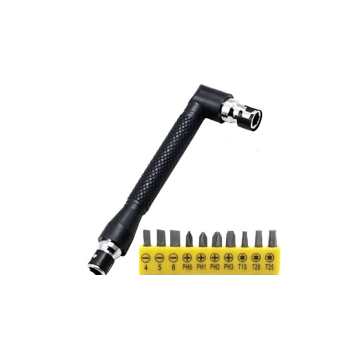 MIROXA® Lewrench двоен L-образен гаечен ключ, 109 x 34 мм, вътрешен диаметър 6,35 мм, въглеродна стомана, 10 накрайника включени, черен