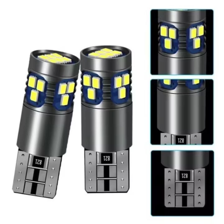 Bec LED T10 W5W BZRSH, 18 LED SMD, 12V, 2 bucati, pentru pozitie, plafoniera, portbagaj, semnalizare, lumini oglinda, lumini ambientale, lumina alba 6000k, canbus