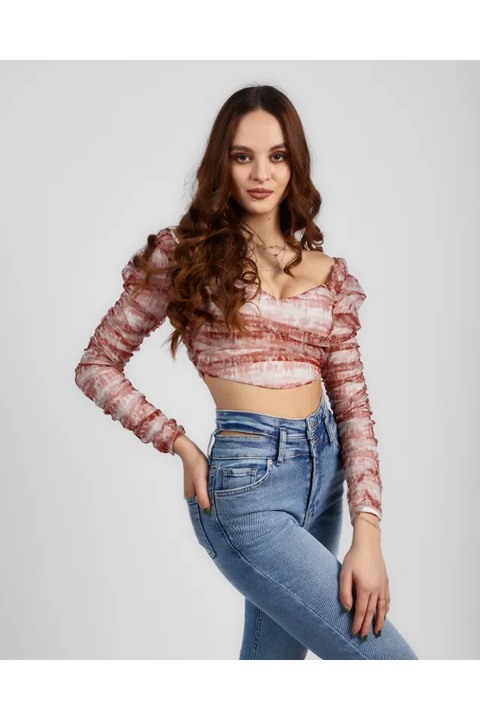Fuzos crop top piros-feher marvany tullbol, piros és fehér