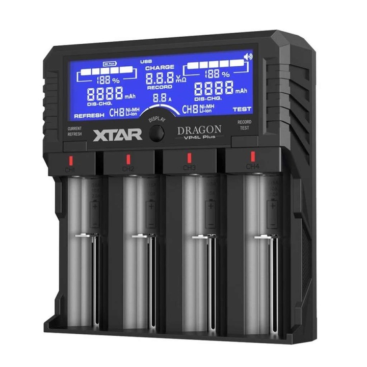 Incarcator profesional pentru 4 acumulatori Xtar VP4L Plus Dragon, la priza 230V, Li-Ion, Ni-Mh, cu descarcare si refresh