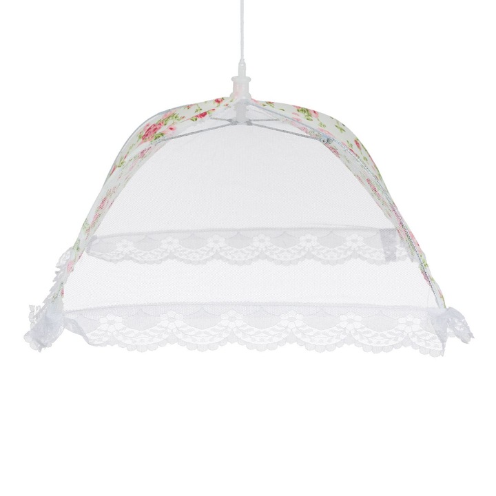 Umbrela pentru protectie alimente Shopiens®, cu inchidere usoara, din dantela cu flori roz, 35 x 35 cm