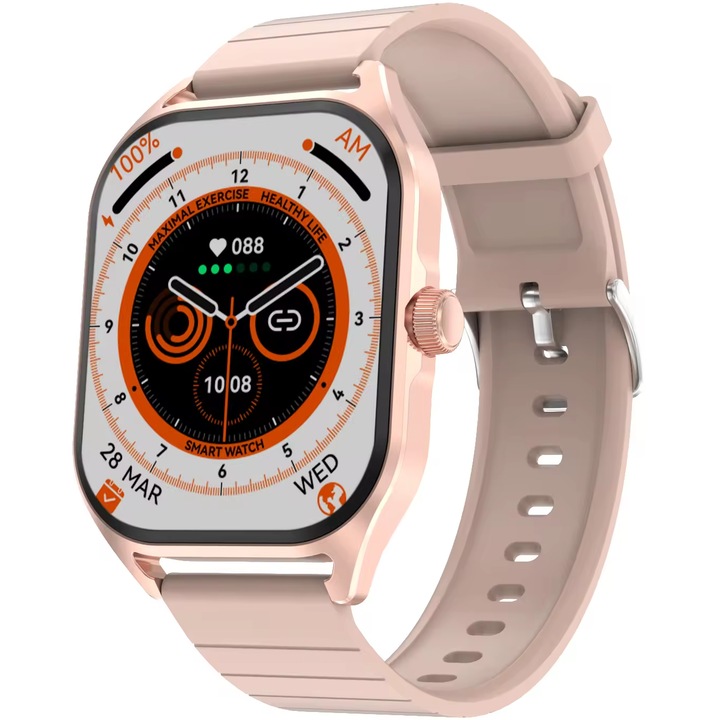 Smartwatch DT™ WA9CH MAX 2.04” Infinity AMOLED, AI Voice Assistant, NFC контрол на достъпа, 24/7 фитнес тракер, HR/ECG/Sleep/SpO2 мониторинг, безжично зареждане, румънски език, аларма, известия, силиконова каишка, Passion Pink