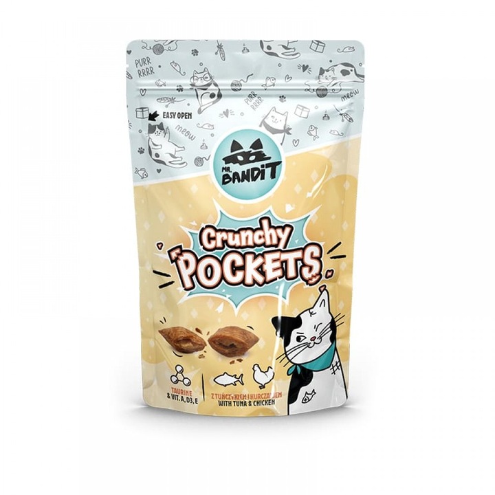 Recompense pentru pisici Mr. Bandit, Crunchy Pockets Ton si Pui, 2 x 40 g
