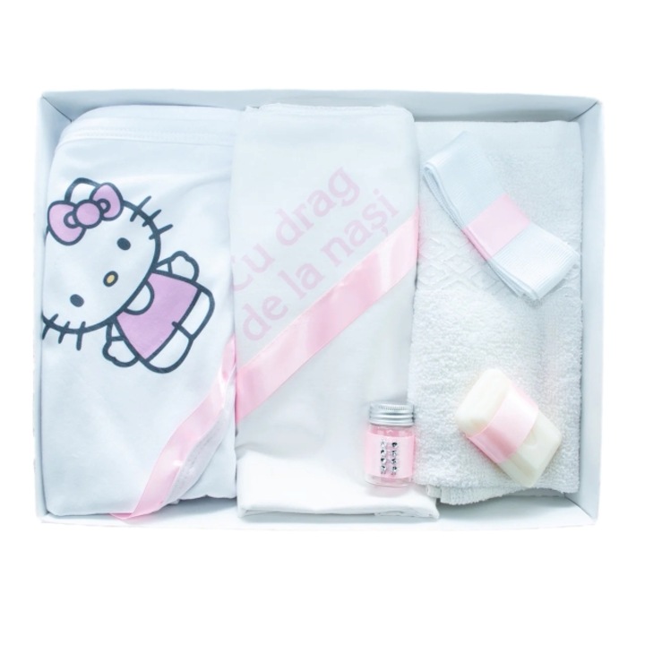 Trusou Botez Fete, 6 piese, "Cu drag de la Nasi", Hello Kitty, Alb-Roz