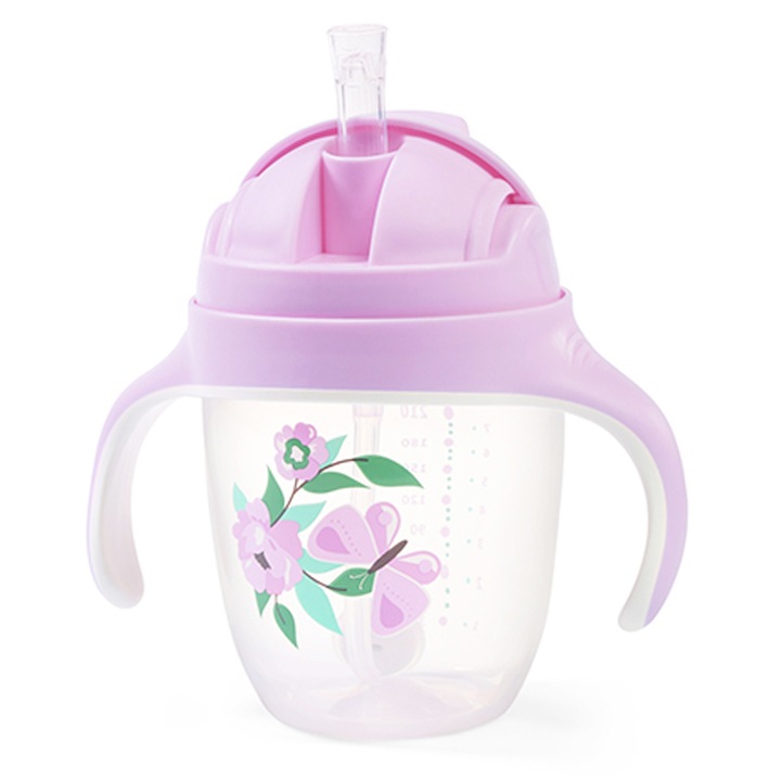 Biberon cu pai si manere 240 ml BabyOno Sippy Cup 1464/05, Roz 6-9 luni 9-12 luni 14+