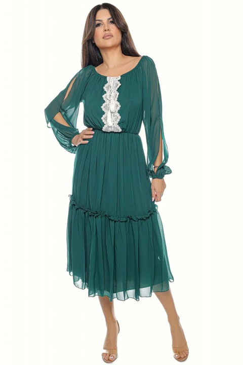 Elegáns midi ruha finom fátyolból pamut hímzéssel és bojttal, Zöld