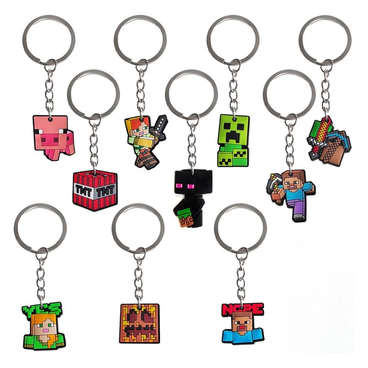 Ключодържатели Minecraft, MunDeir®, Alloy/PVC, 10 бр., Многоцветни