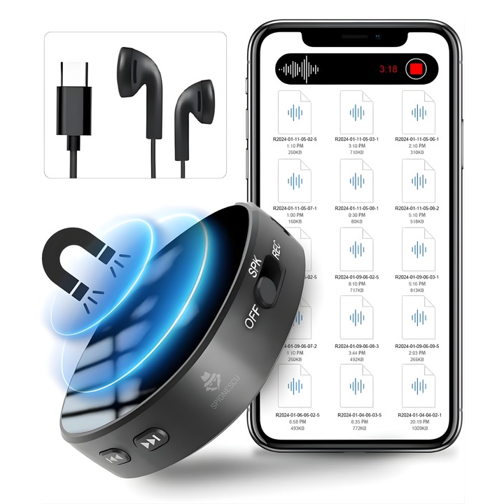 Mini reportofon digital Z13, Spionescu, activare vocala automata, 64GB, reducere inteligenta a zgomotului AI, inregistrare 360°, difuzor incorporat, functie MP3, autonomie 100 ore, negru