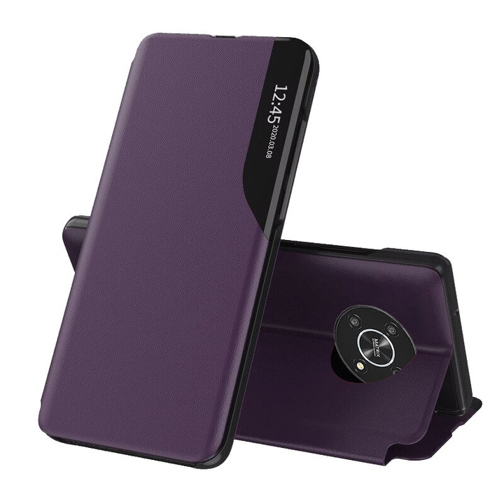 Защитен флип капак, съвместим с Honor Magic 4 Lite 5G, eFold, екологична кожа, лилав