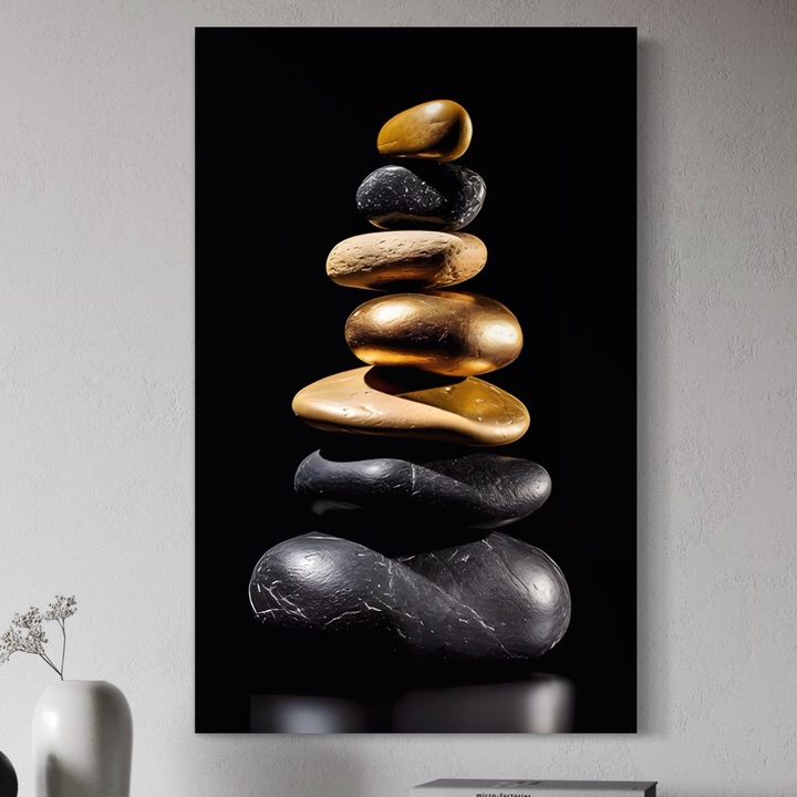 Картина върху платно, LuxCanva A1556, Баланс, 100 X 160 СМ, 100% памучно платно 400 г/м2, дървена рамка, салон, терапия, спа, камъни, златисто, декоративно, хол, ярки цветове