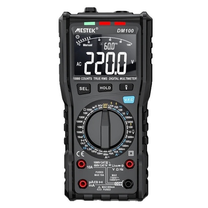 Multimetru digital, Mestek, DM100, True RMS, Detectare NCV, Negru