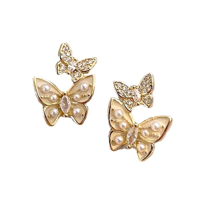 Cercei din pentru femei in forma de fluture, JLBVI, Argint S925, cu perle, model fluturi, Auriu, 2.1 x 1.4 cm
