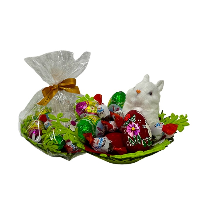 Cos Easter, decoratiune iepuras alb, 3 oua lemn decorative, 4 Kinder Schoko Bons, 3 oua ciocolata Choco Pack 20gr, in cos verde cu imprimeu, Velve