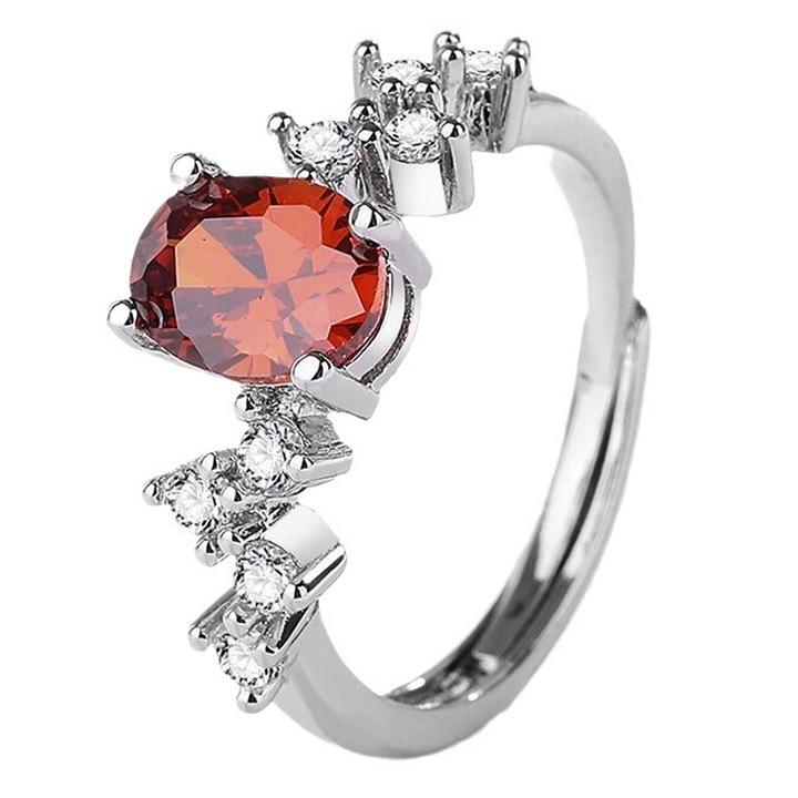 Inel din zircon rosu, piatra pretioasa artificiala, aur alb 18k, dimensiune reglabila