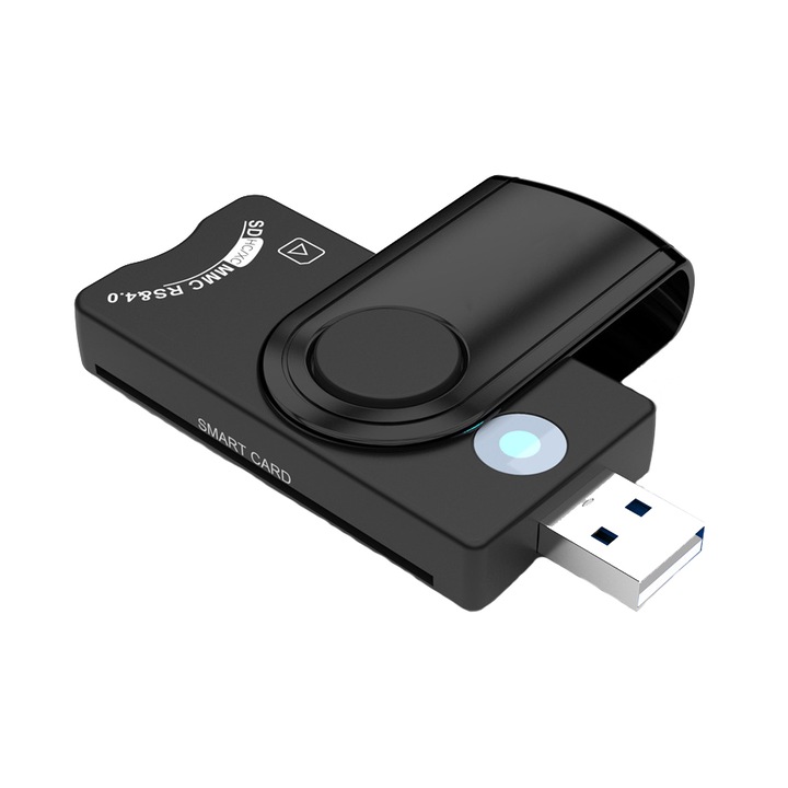 Cititor de carduri inteligente USB, BOMSTOM, compatibil cu Windows/Linux/Unix/MacOS X, Card SDHC/SDXC/SD integrat si card Micro SD, Negru