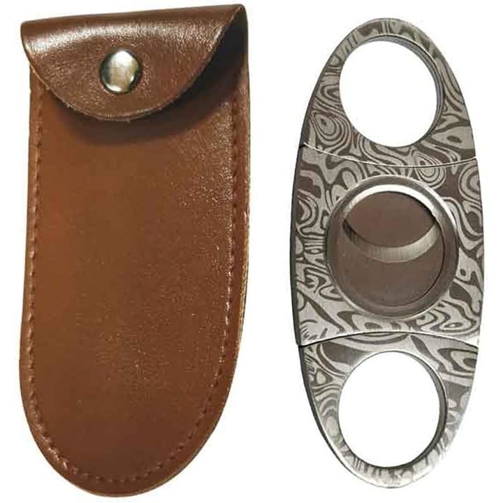Cutter de trabucuri, Otel Damasc, 9*4cm, Cu geanta de piele, JENUOS®, Negru
