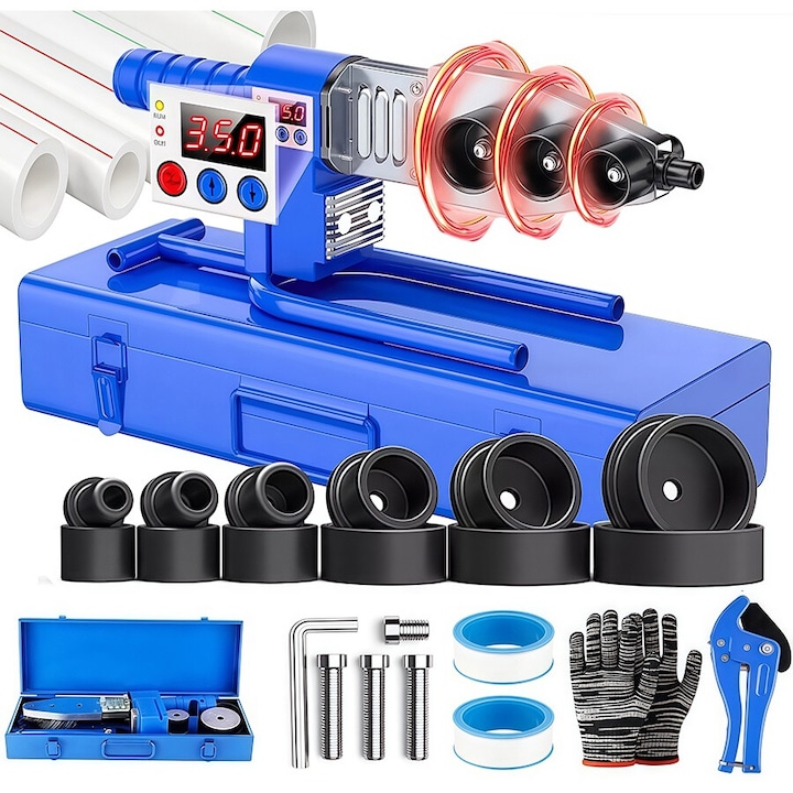 Trusa lipit tevi PPR, Folixs®, Afisaj digital, regulator temperatura 0-350°C, 6 Bacuri, foarfeca taiat tevi, Pentru PE/PPR/PB/PVDF/HDPE/PVC, 1000W, 220V, Albastru