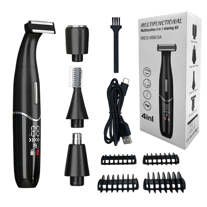 Trimmer electric Aurora™, multifunctional, 4 in 1, reincarcabil prin USB, rezistent la apa, afisaj digital LED, negru