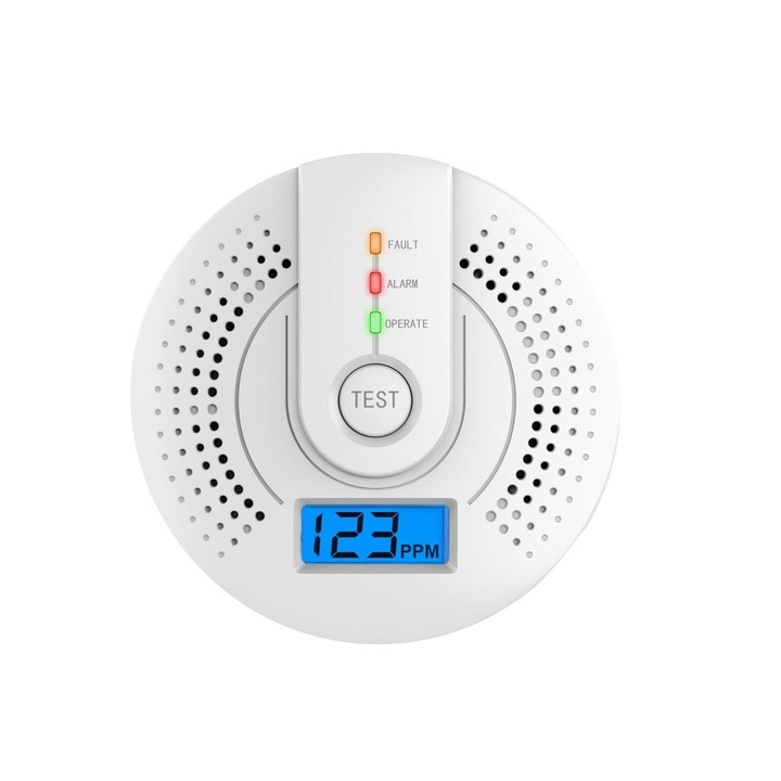 Detector de Monoxid de Carbon si Fum, Afisaj LCD, Indicator LED, Alerta Sonora Puternica, Plastic, 9.5x3cm, Alb