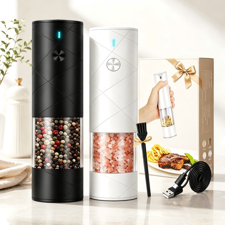 Set 2 Rasnite Electrice pentru Sare si Piper, BYONDSELF®, 6 Niveluri Control Finetea Macinarii, Upgrade Capacitate Mare 100ml x 2, LED, Reincarcabila USB, Camere Depozitare Transparente, Design Reincarcabil, Negru si Alb