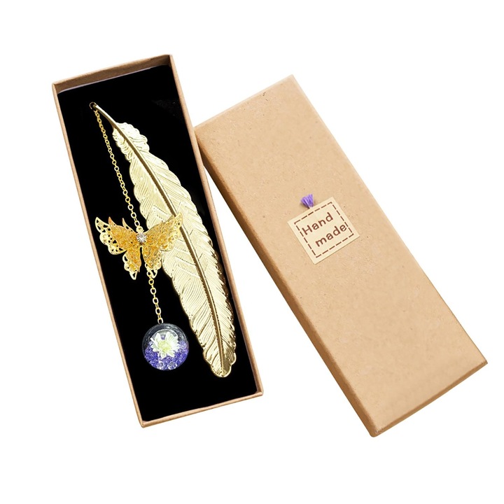 Semn de carte, 3D, Fluture, Pene, Margele, Fara decolorare, Rezistent, Nu se deformeaza, Pentru pasionatii de lectura, Alama / Sticla, 114 * 23 mm, Multicolor