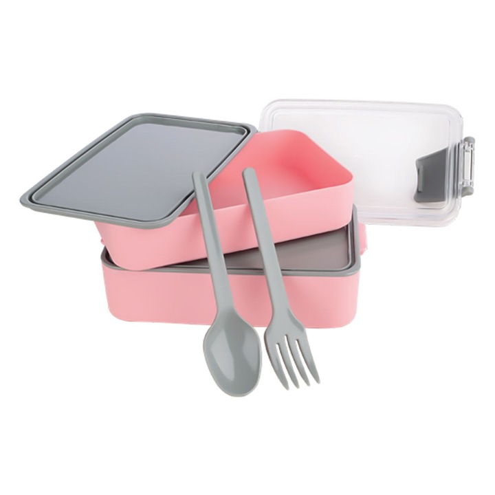 Set caserola alimente dubla pentru pranz Shopiens®, din plastic cu inchidere clips, roz gri cu furculita si lingura, 400-500 ml
