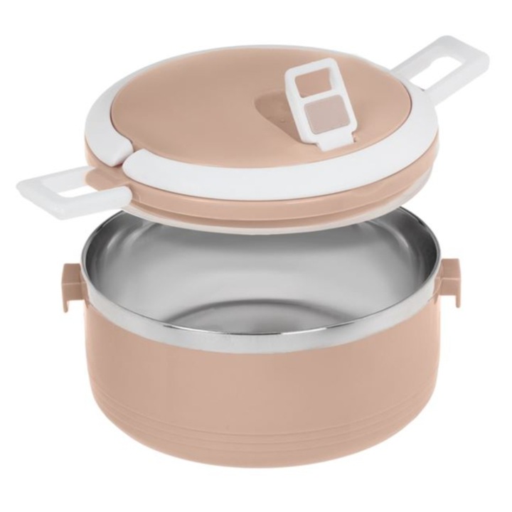 Caserola termica, cu cleme de prindere si maner, rotunda, plastic/otel inoxidabil, roz, 500ml, 15x9.5 cm