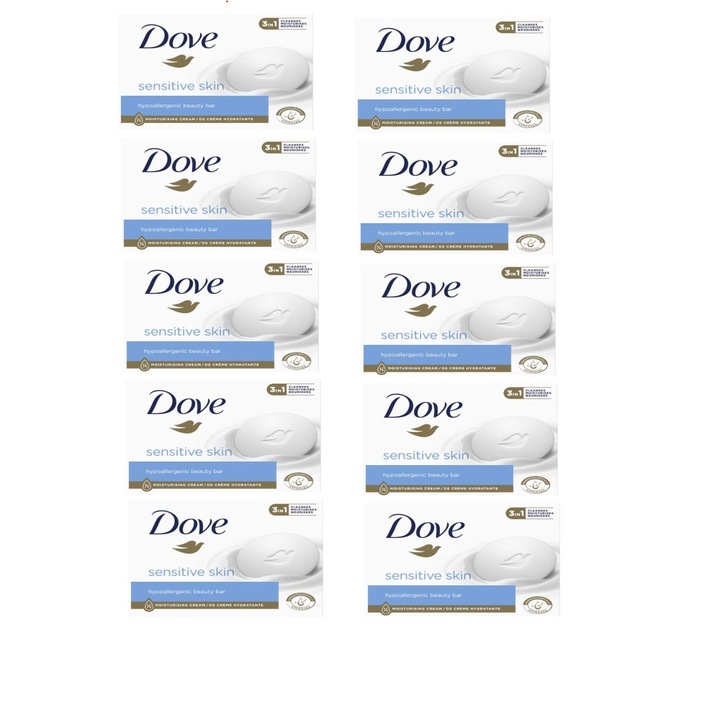 Комплект от 10 бр. твърд сапун Dove Sensitive, 1/4 хидратиращ крем, 90 гр.