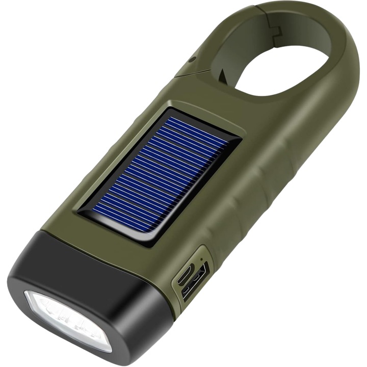 Lanterna LED cu carabina si manivela, reincarcare solara/USB/manuala, buton on/off, incarcare telefon, ideala pentru camping, exterior, urgenta, 14,5 cm x 5,6 cm x 3,8 cm, ABS durabil, verde militar