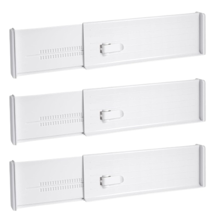 Set 3 Organizatoare Tip Despartitor Sertar SUPER TRENDS®, Pentru Dulapuri si Rafturi, Marime Ajustabila 35 - 54 cm, Plastic Durabil, Protectii Anti Alunecare, Alb