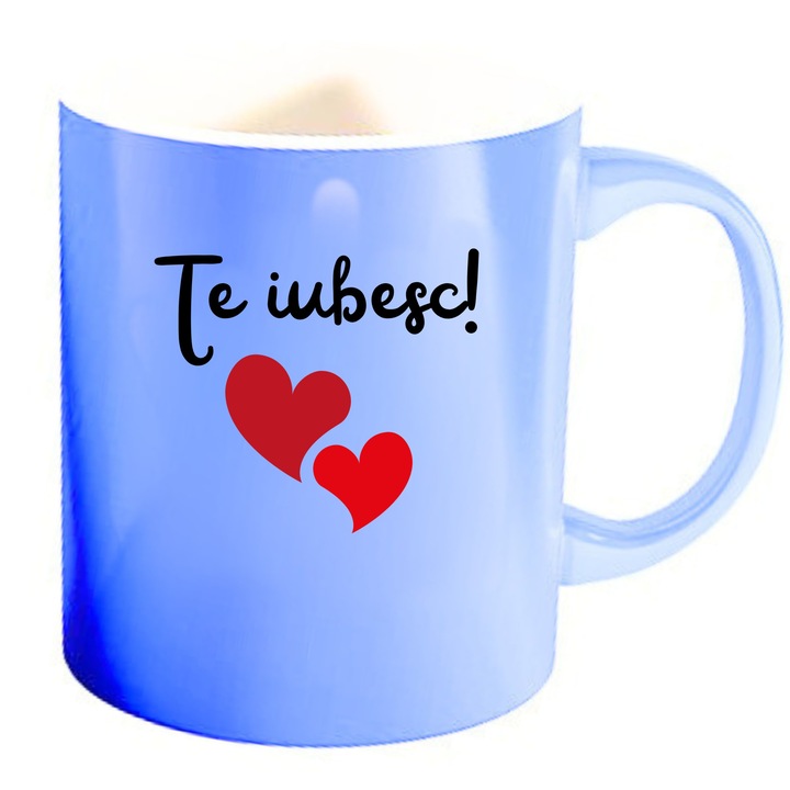 Cana personalizata, cu mesajul „Te iubesc!”, termosensibila, albastra, 330 ml