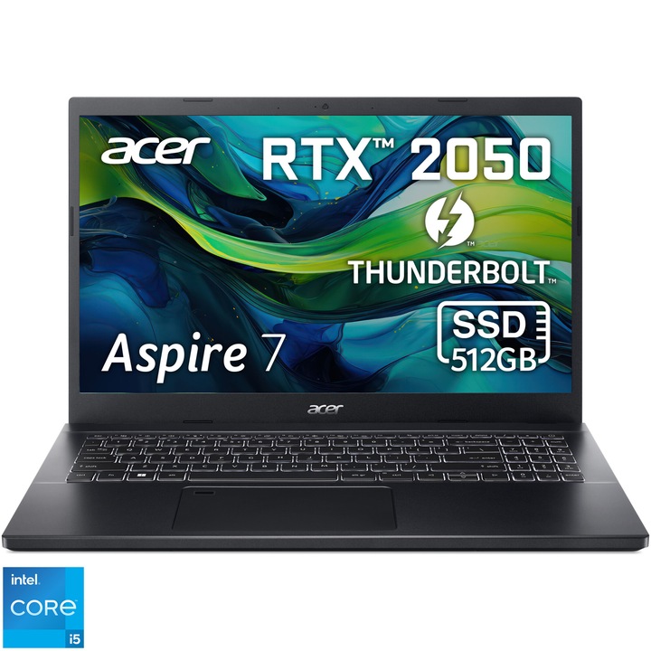 Laptop Gaming Acer Aspire 7 A715-76G-59YH cu procesor Intel® Core™ i5-12450H pana la 4.4GHz, 15,6", Full HD, IPS, 16GB DDR4, 512 GB SSD, NVIDIA® Geforce® RTX™ 2050 4GB GDDR6, No OS, Charcoal Black