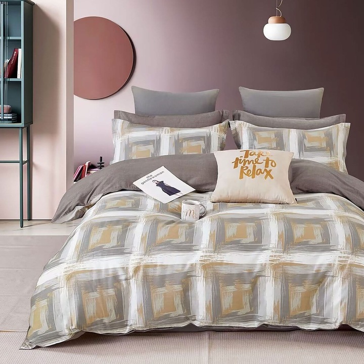 Lenjerie de pat dublu king size Percalle imprimat Bumbac 100% 6 piese cearsaf pat 240x260 cm, pilota 200x230 cm, 2 fete perne 50x70 cm, 2 fete perne 70x70 cm Moderna Gri / Maro, Pucioasa