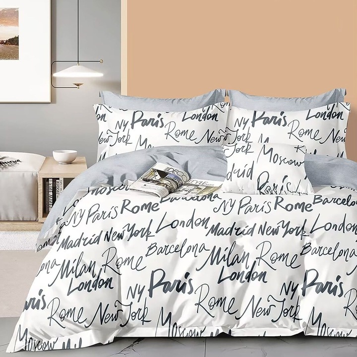 Lenjerie de pat dublu king size Percalle imprimat Bumbac 100% 6 piese cearsaf pat 240x260 cm, pilota 200x230 cm, 2 fete perne 50x70 cm, 2 fete perne 70x70 cm Imprimeu Modern Alb / Gri, Pucioasa