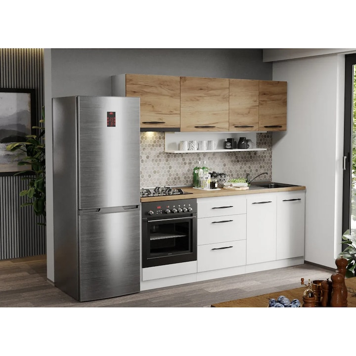 Set Mobila Bucatarie, 200cm, alba cu Stejar Auriu, Aroma, 10, Blat 38mm Termorezistent