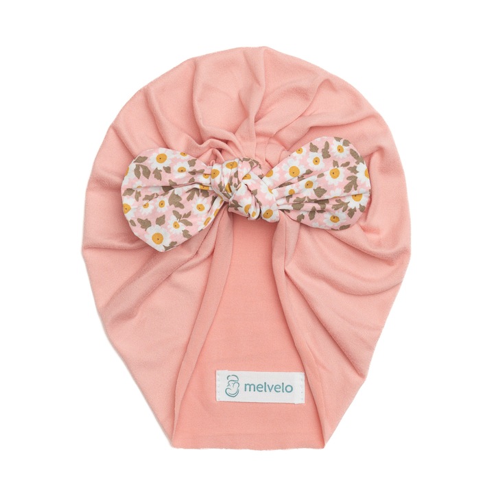 Turban bebelusi cu funda, poliester, Melvelo, Flower - Peach, 0-4 ani