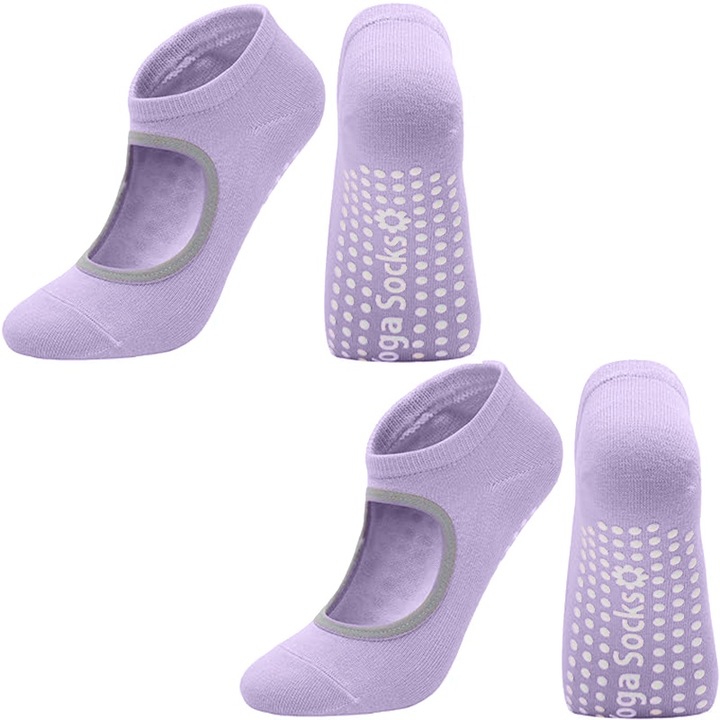 Set 2 perechi de Sosete sport yoga, bumbac, material respirabil, anti-alunecare, scurte, deschise in partea de sus, potrivite pentru fitness, Pilates, balet, dans, marime 35-42, Mov