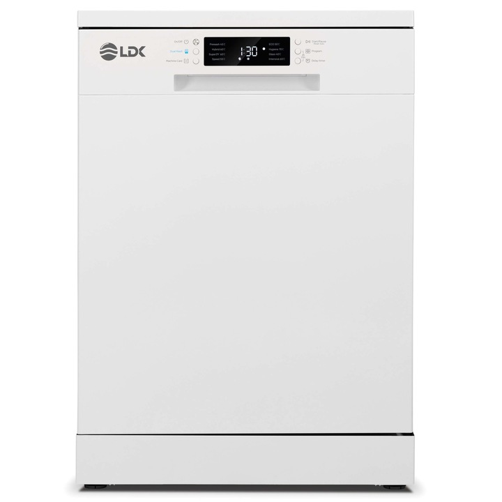 Съдомиялна машина LDK Queen D153LYW, 15 комплекта, Клас D, 8 програми, Хигиена, Интензивен, Супер 29, Двойно пране, Грижа за машината, 60 см, Бяла