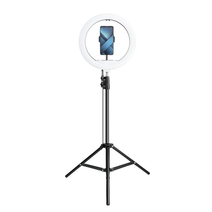 Inel selfie Ring Light, Suport Telefon, G-Tech LJJ-33, Diametru de 33 cm, Aliaj Aluminiu, 3 Temperaturi de Culoare, Negru