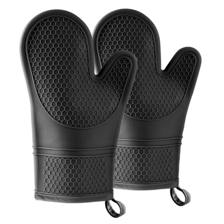 Set 2 manusi de cuptor din silicon rezistenti la caldura si pete, enkourakoko®, impermeabile, flexibile si groase, cu aderenta anti-alunecare, pentru gatit in siguranta, Negru