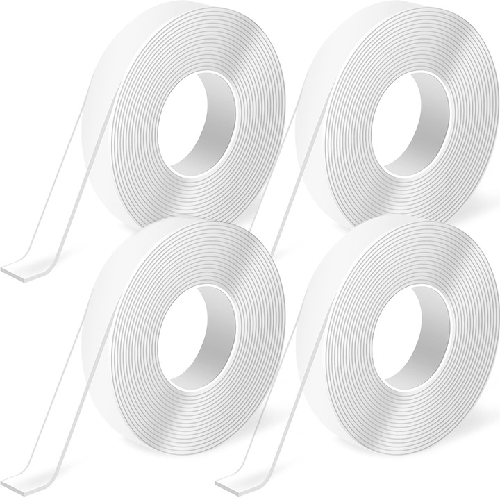 Set 4 x Banda dublu adeziva, transparenta, rezistenta la apa, siliconica, latime 3 cm, lungime 3 metri per rola